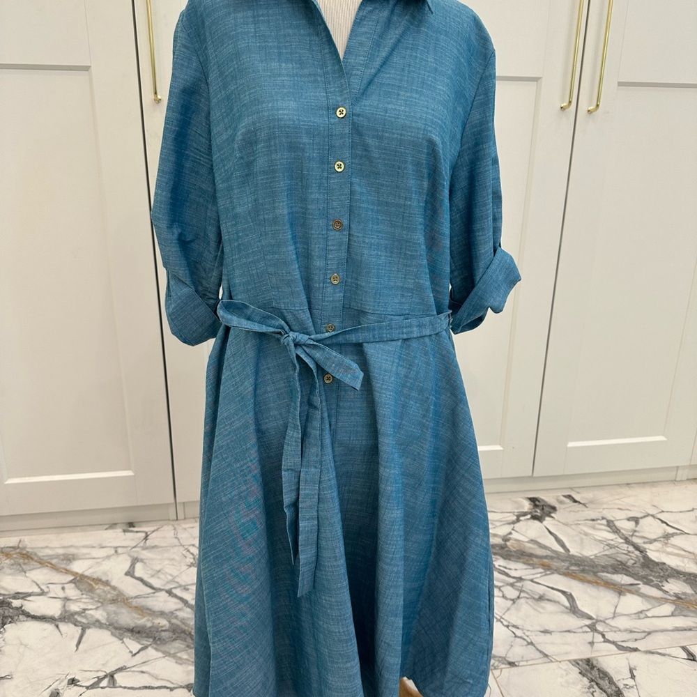 Sharagano Teal Button-Front Midi Shirt Dress with Waist Tie